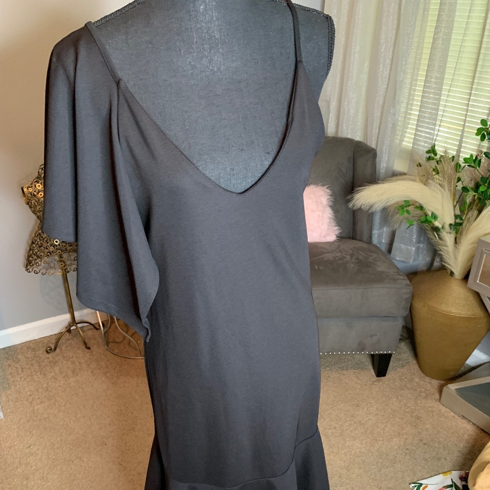 Spaghetti Strap Plunge Dress with Ruffle Detail on the Sleeve and Hem - New